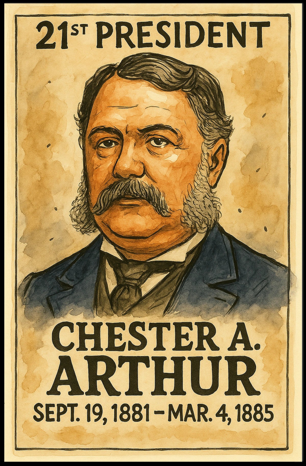 Chester A. Arthur 21st President of the United States Exaggerated Cartoon Sketch Poster