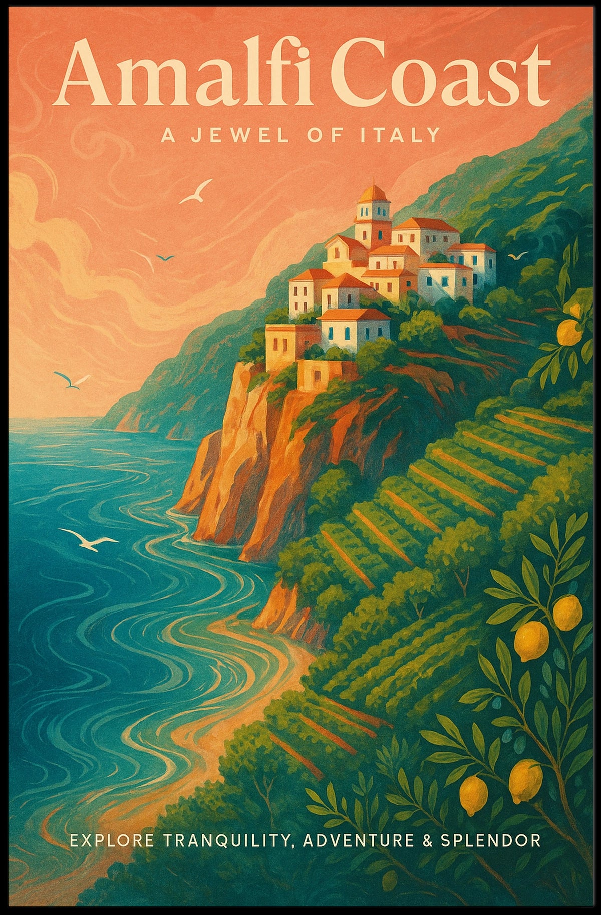 Amalfi Coast Scenic Italian Village Travel Poster