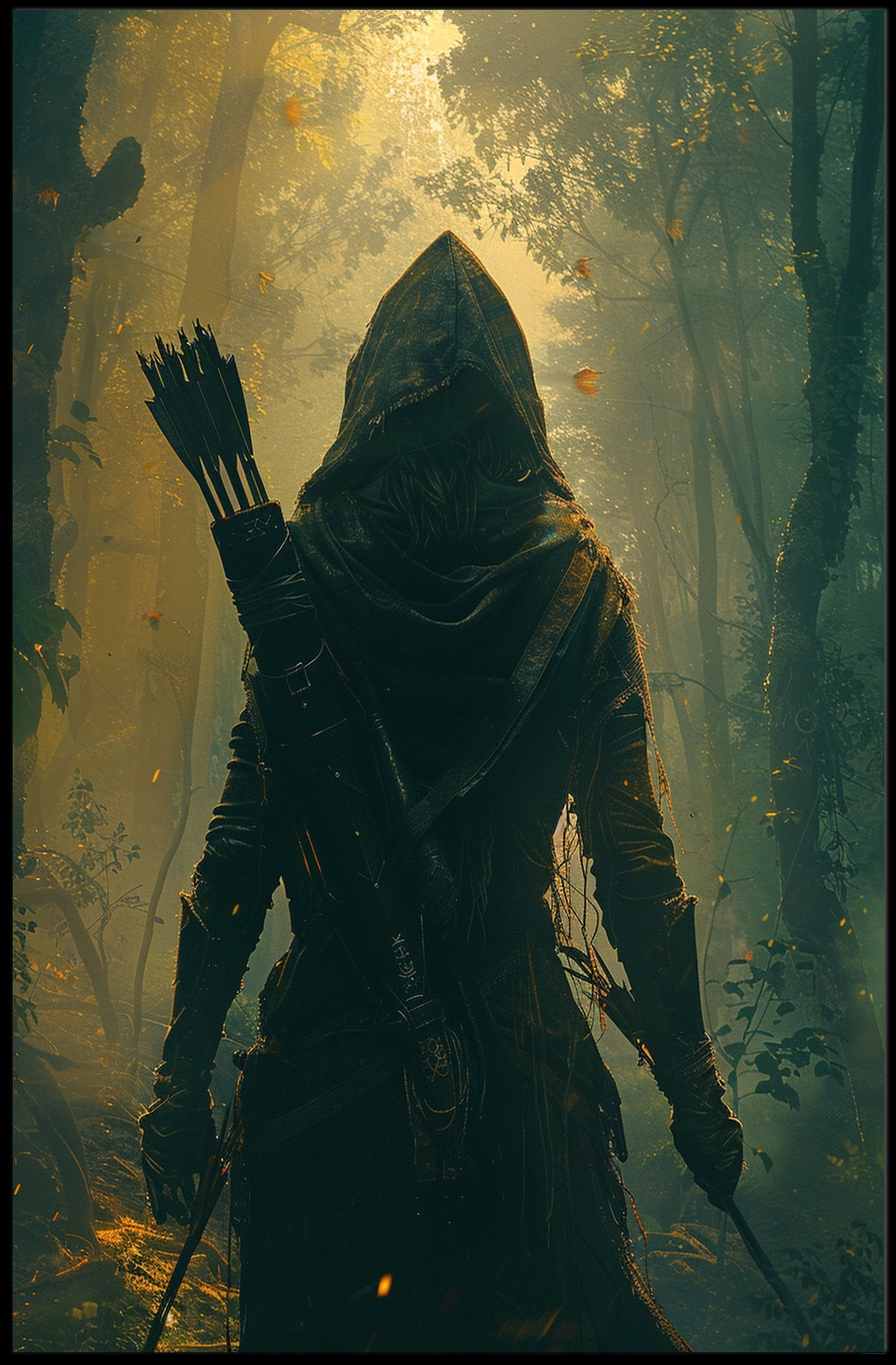 Mysterious Hooded Archer in Enchanted Forest Fantasy Poster