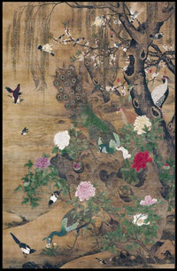 Serene Nature: Vibrant Peacocks and Blossoming Trees Poster