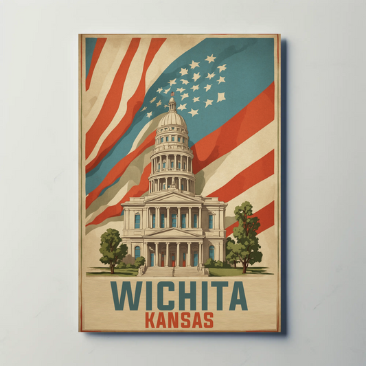 Wichita Kansas State Capitol And Flag Vintage Travel Poster