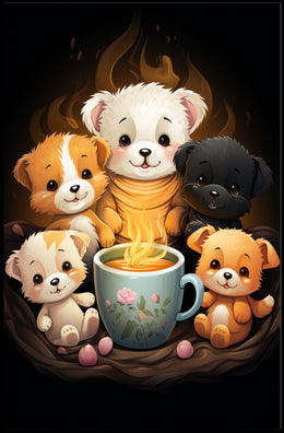 Whimsical Puppies Tea Time Art Poster Print