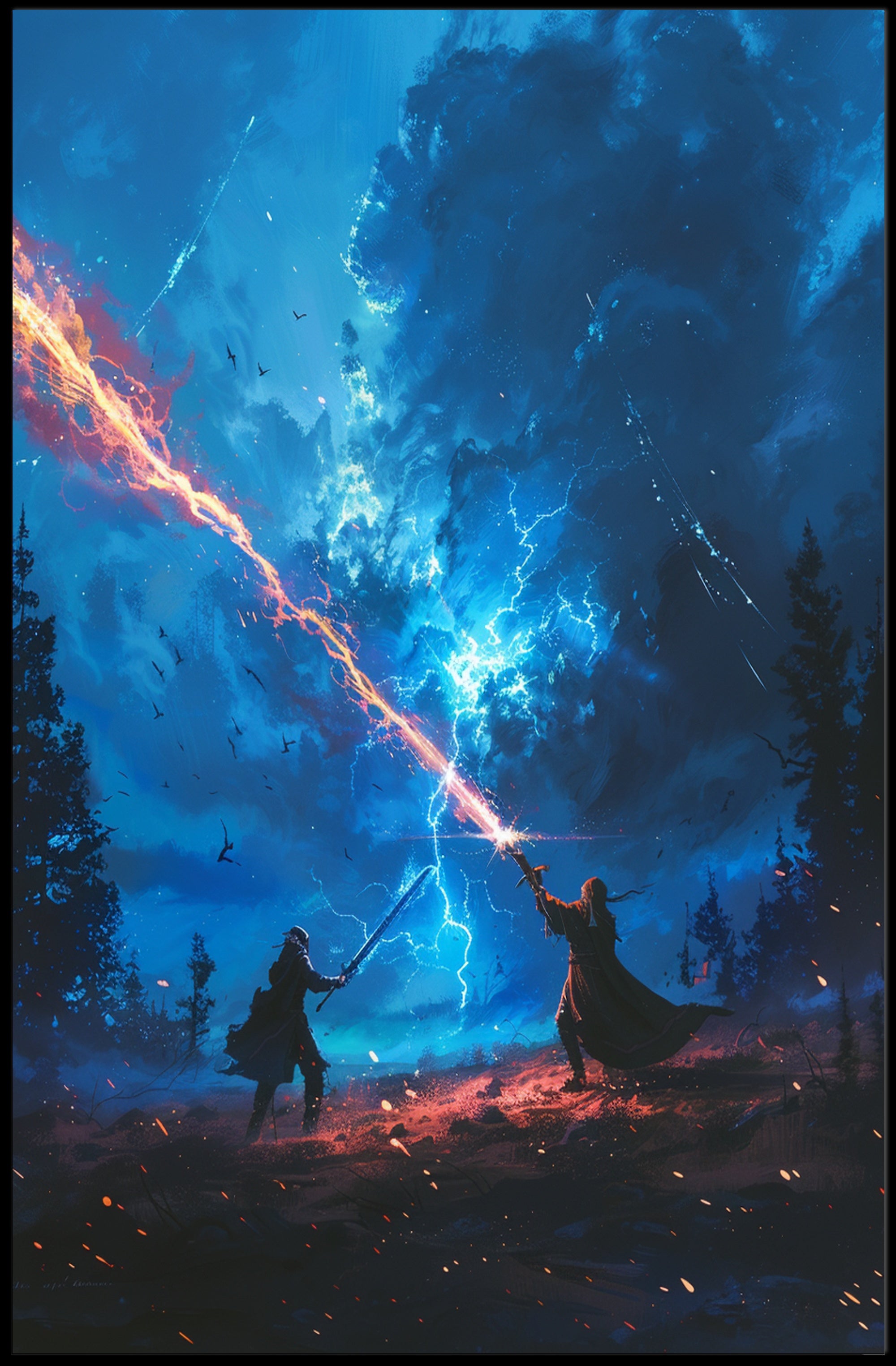 Epic Fantasy Duel: Mystical Battle Night Sky Poster PosterGoat