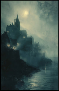 Gothic Castle Overlooking Moonlit Cliff: Fantasy or Mythology Poster PosterGoat