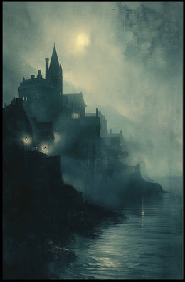 Gothic Castle Overlooking Moonlit Cliff: Fantasy or Mythology Poster PosterGoat