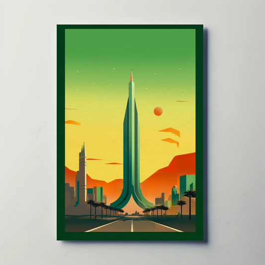 Futuristic Skyline Green Sunset Cityscape Travel Poster