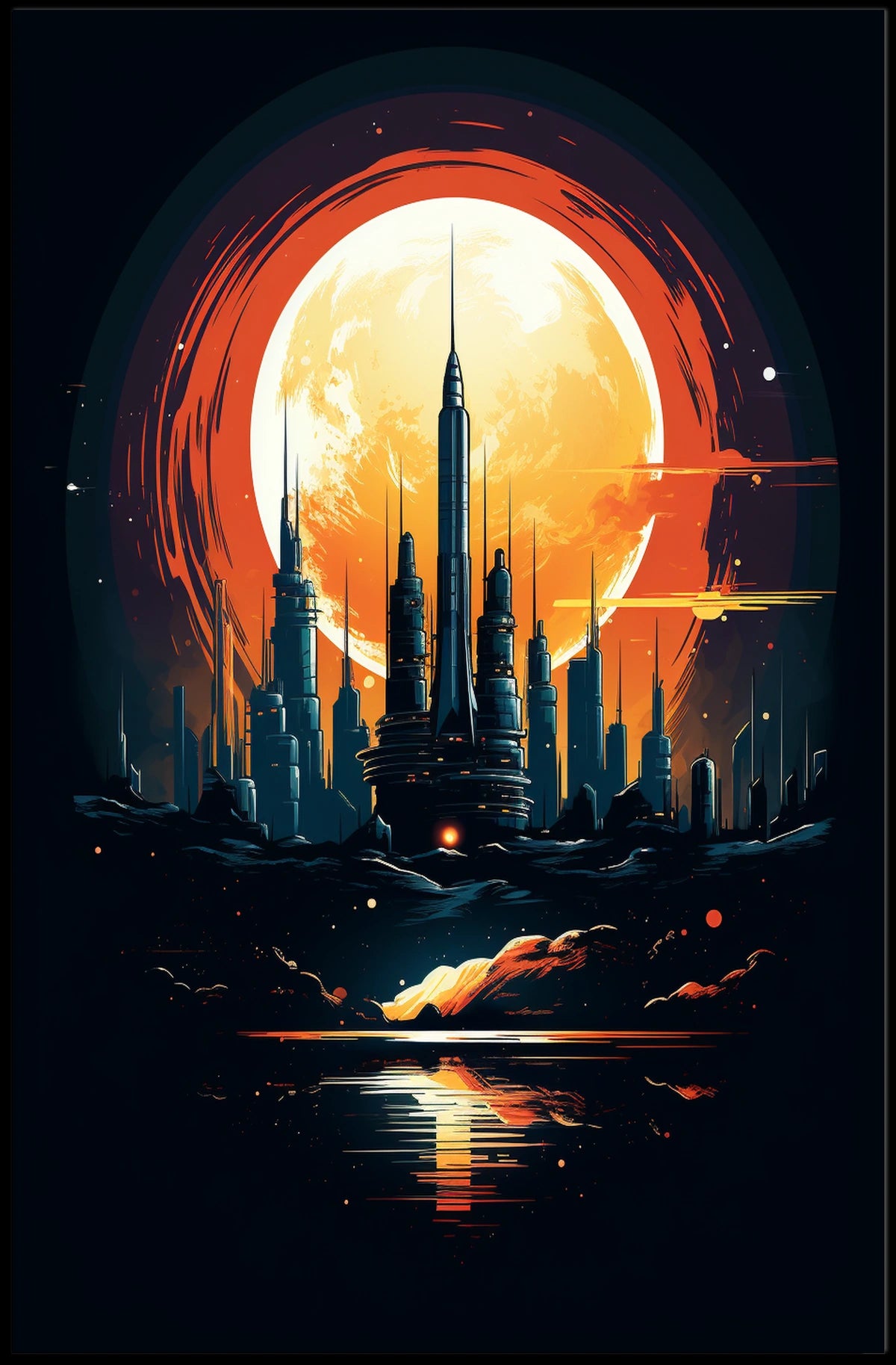 Futuristic Cityscape Under a Full Moon Poster