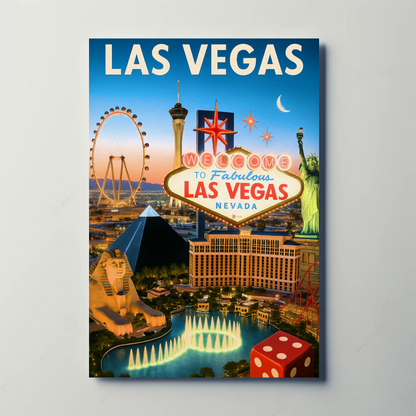 Las Vegas Iconic Landmarks Night Lights Vintage Travel Poster