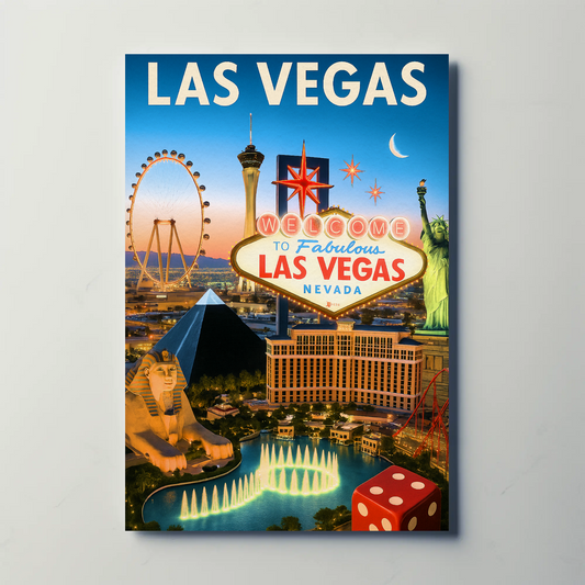 Las Vegas Iconic Landmarks Night Lights Vintage Travel Poster