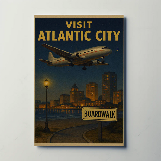Visit Atlantic City Boardwalk Night Plane Arrival Travel Poster