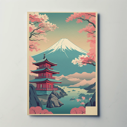 Japan Fuji Lake Pagoda Sakura Canoe Trees Travel Poster