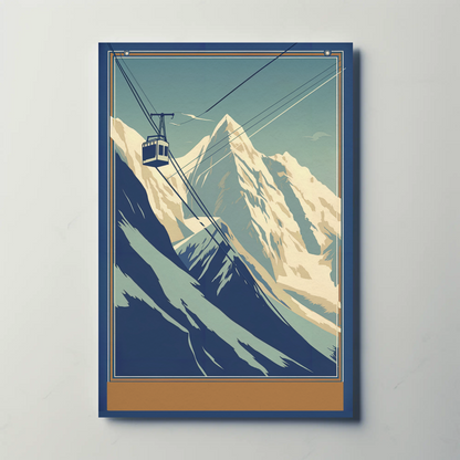 Retro Tram Over Snowy Mountainside Vintage Travel Poster