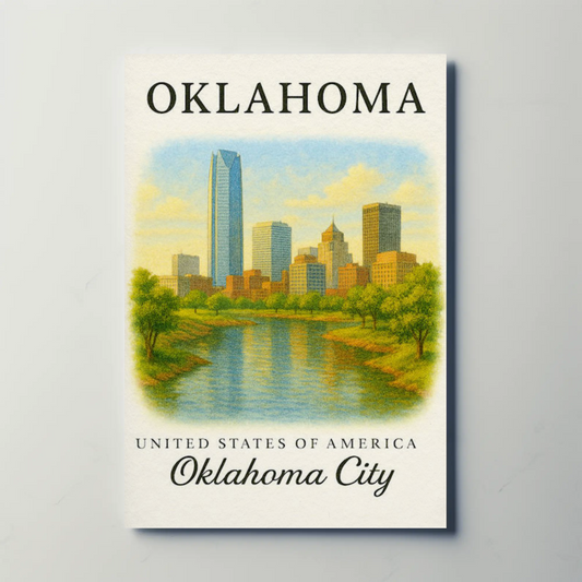 Oklahoma City Modern Skyline River Reflection Travel Poster