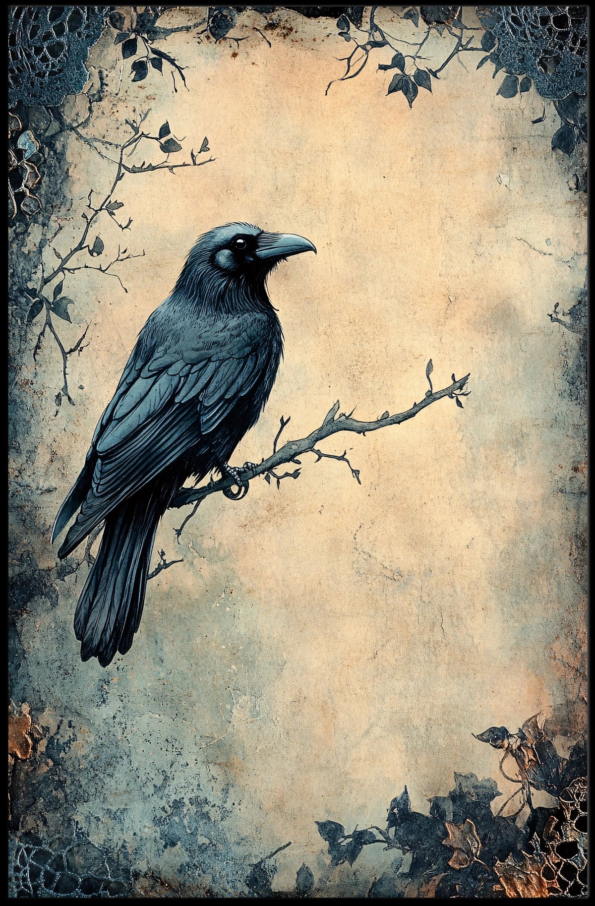 Stylized Raven on Branch Artistic Animal Poster