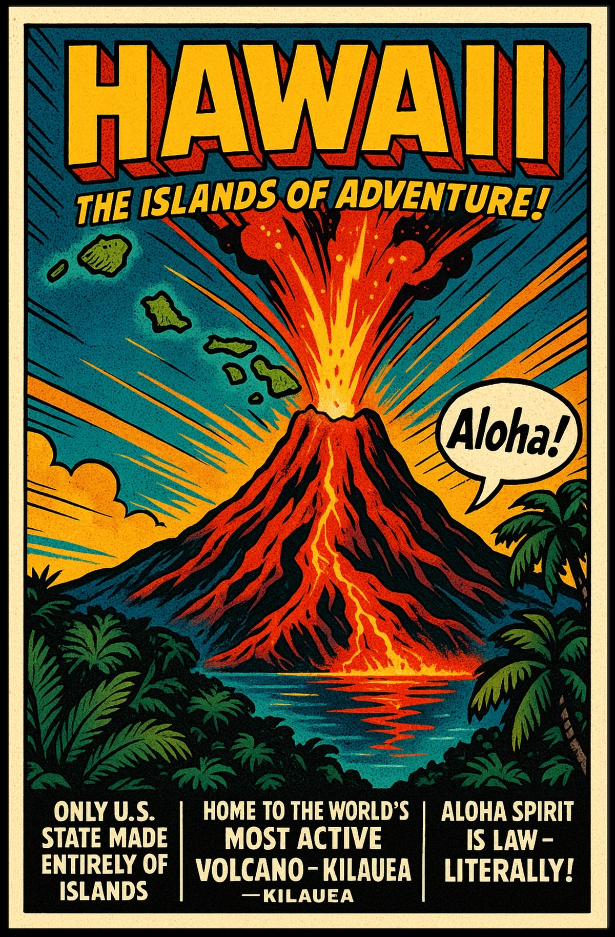Hawaii Adventure Vintage Volcano Travel Poster