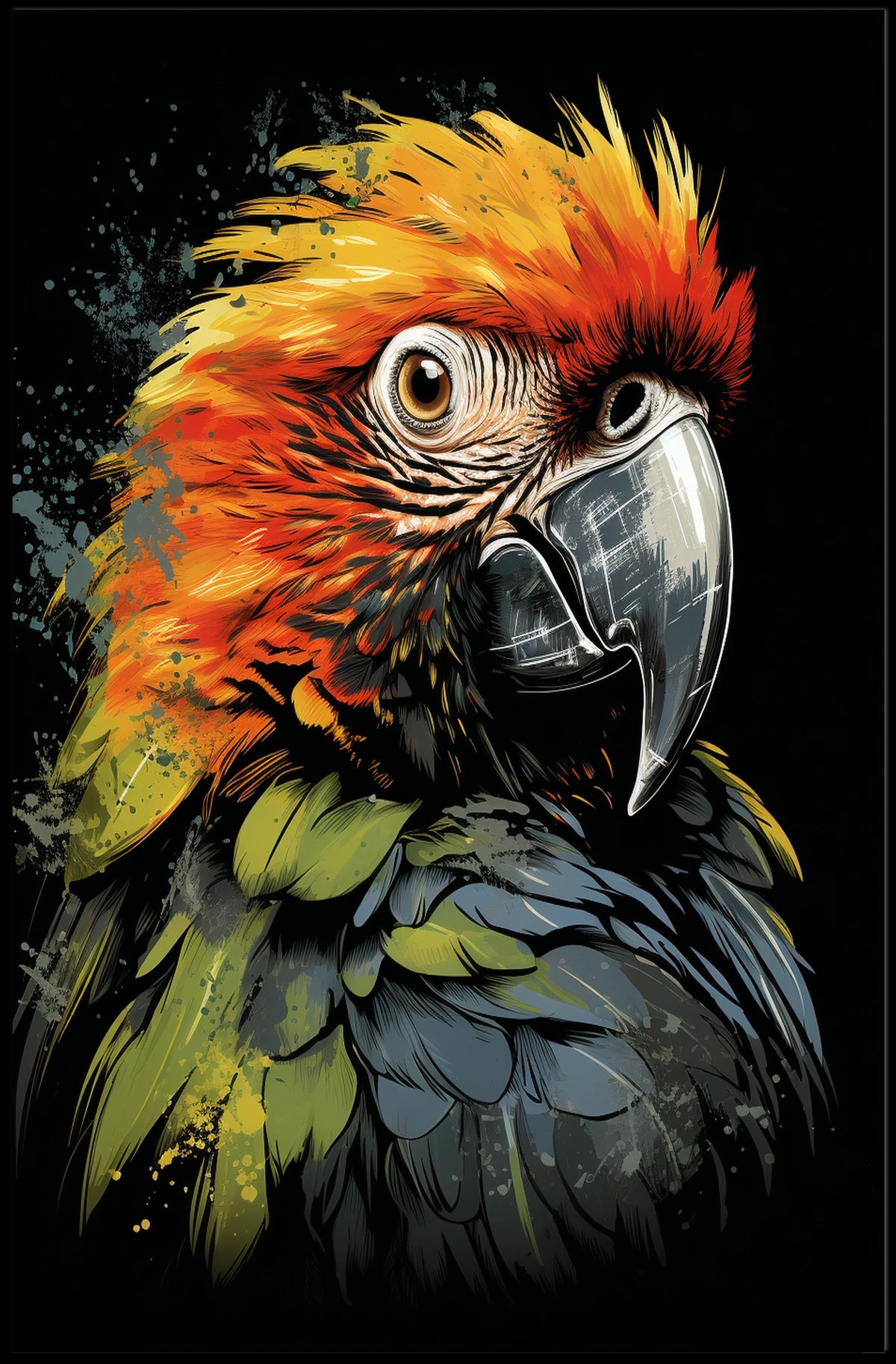 The poster features a striking, stylized illustration of a parrot. The bird is Travel Poster