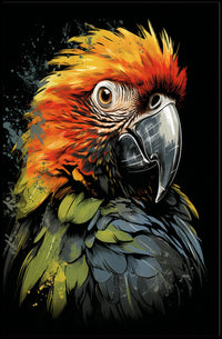 The poster features a striking, stylized illustration of a parrot. The bird is Travel Poster