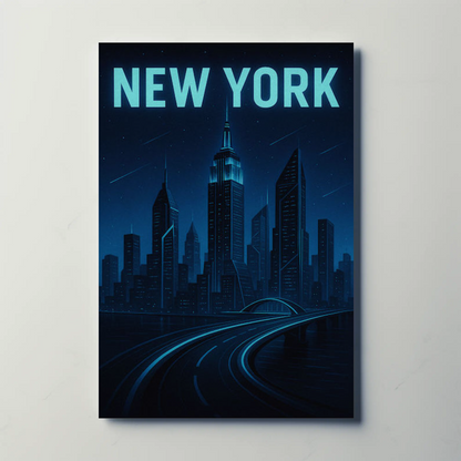 New York Night Skyline Futuristic Glow Blue Travel Poster