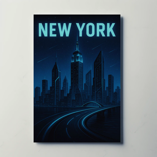 New York Night Skyline Futuristic Glow Blue Travel Poster
