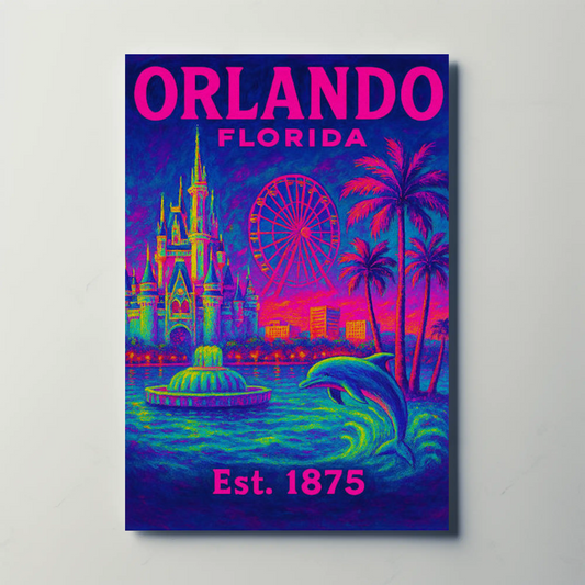 Orlando Florida Castle Ferris Dolphin Neon Travel Poster
