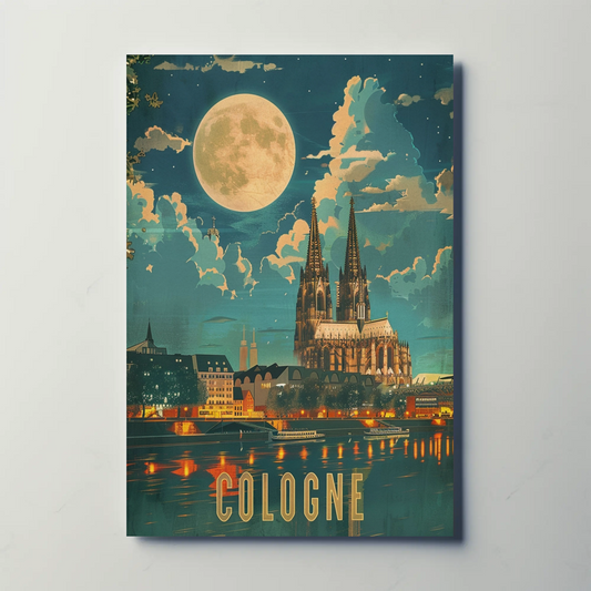 Cologne Cathedral Moonlight River Reflection Travel Poster