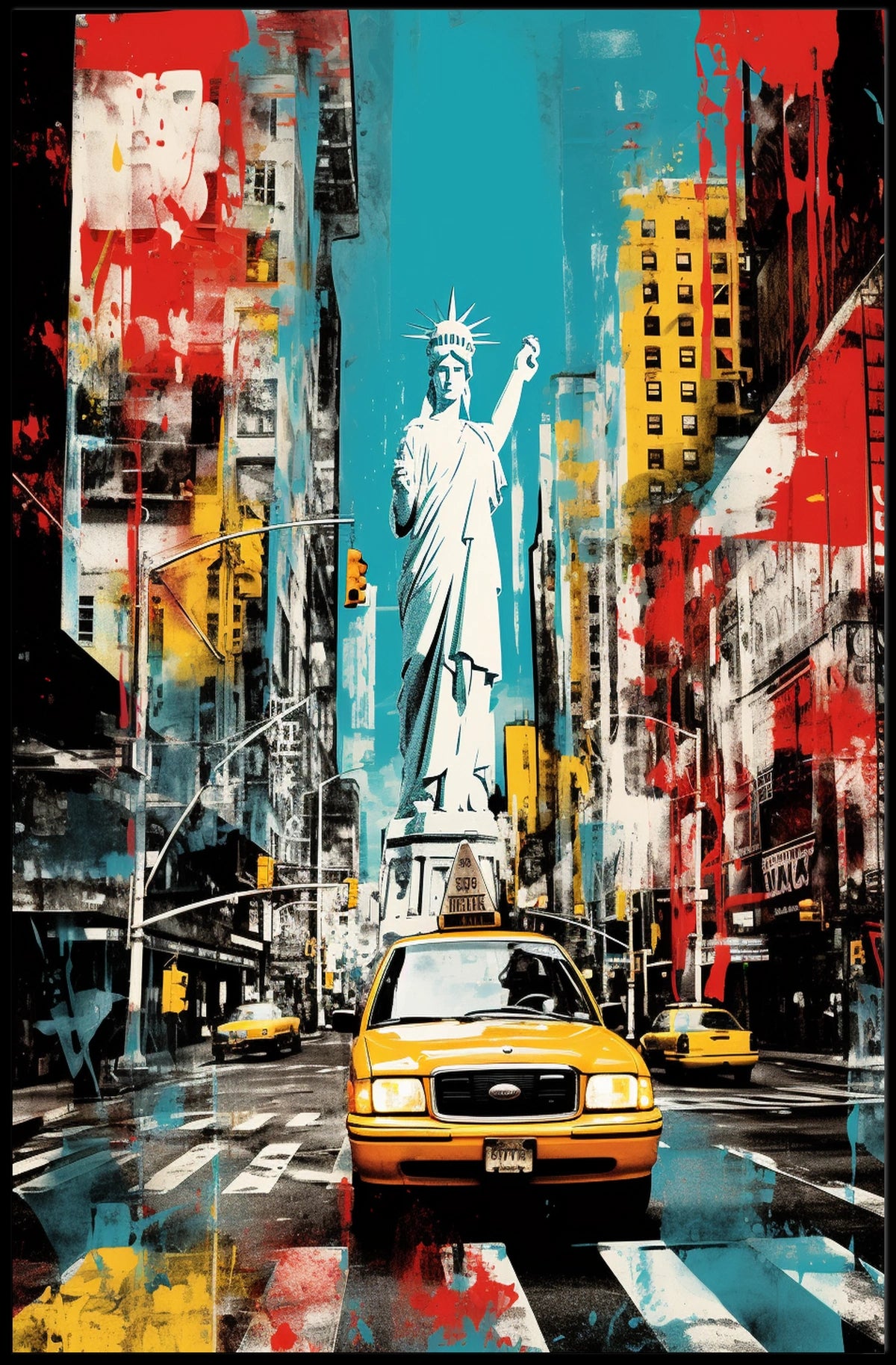 Vibrant Yellow Taxis and Liberty: Bold New York Travel Poster