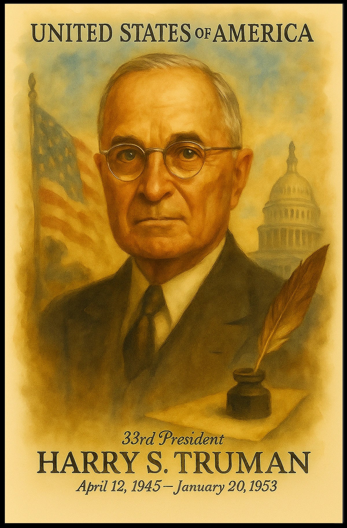 Harry S. Truman 33rd President of the United States Vintage Watercolor Poster