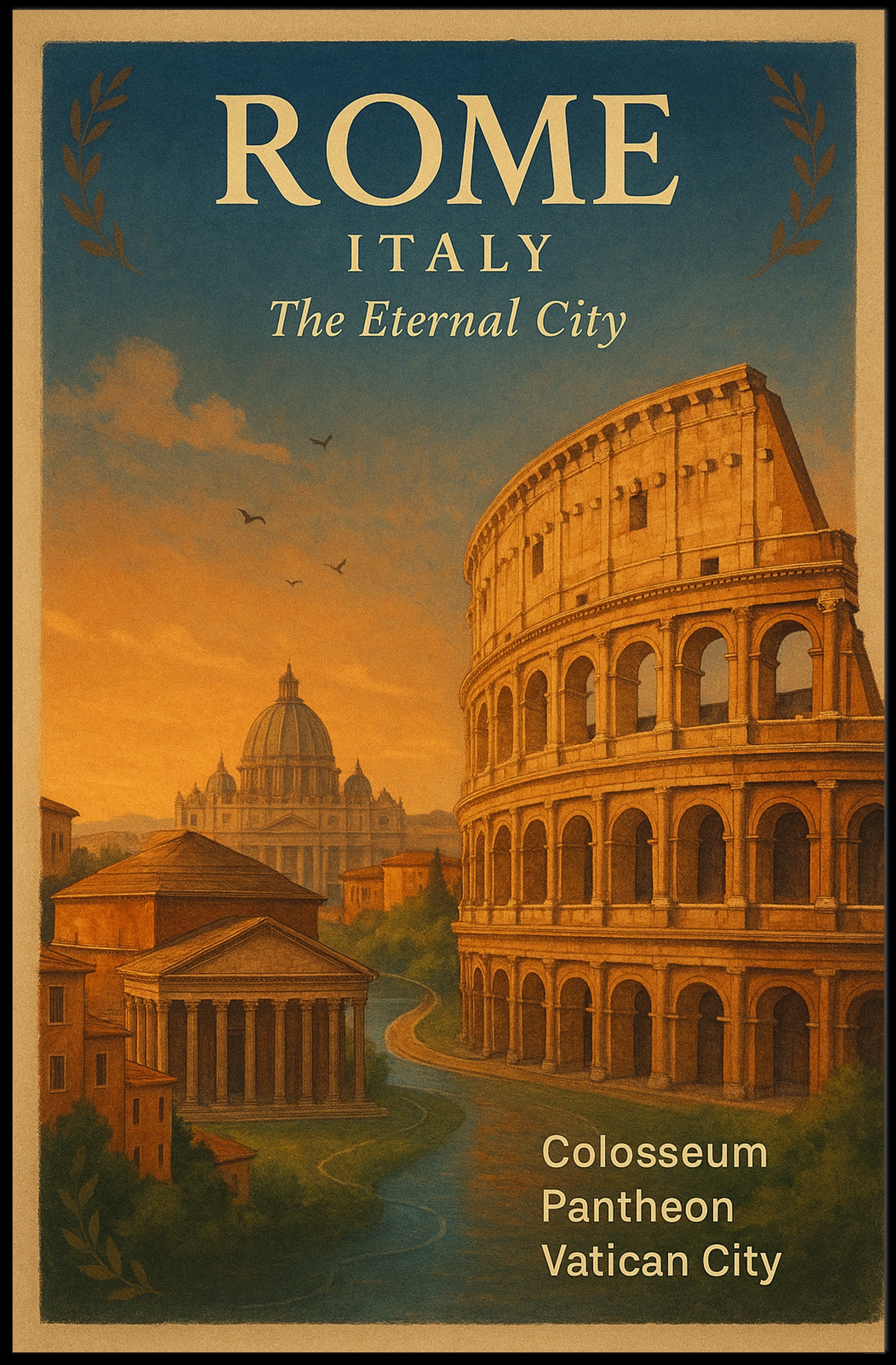 Rome Vintage Travel Poster Italy Colosseum Print