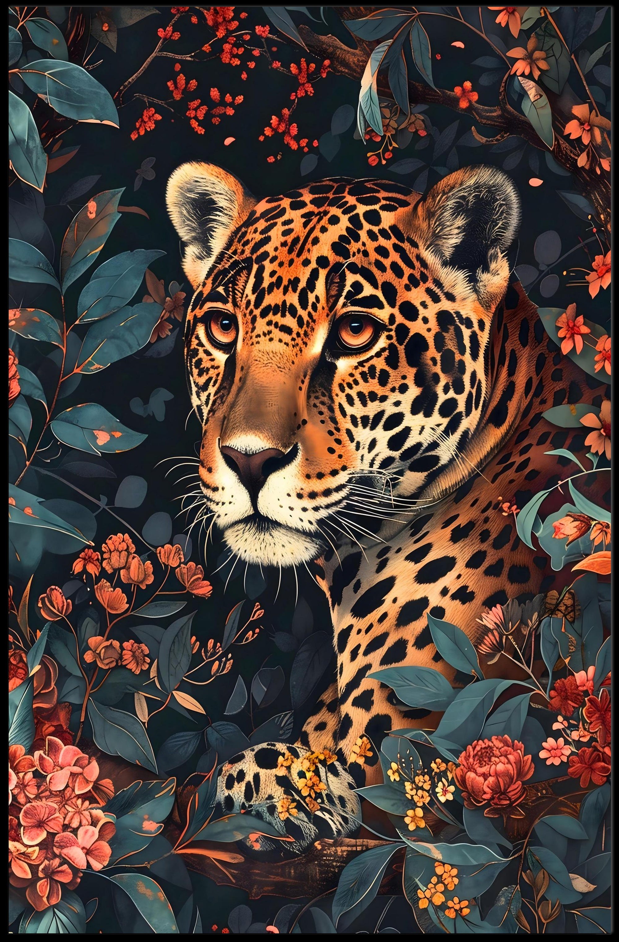 Majestic Jaguar Wall Art in Bloom Print