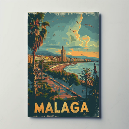 Malaga Sunset Beach Promenade Travel Poster