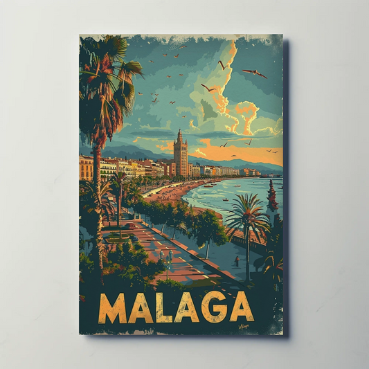 Malaga Sunset Beach Promenade Travel Poster