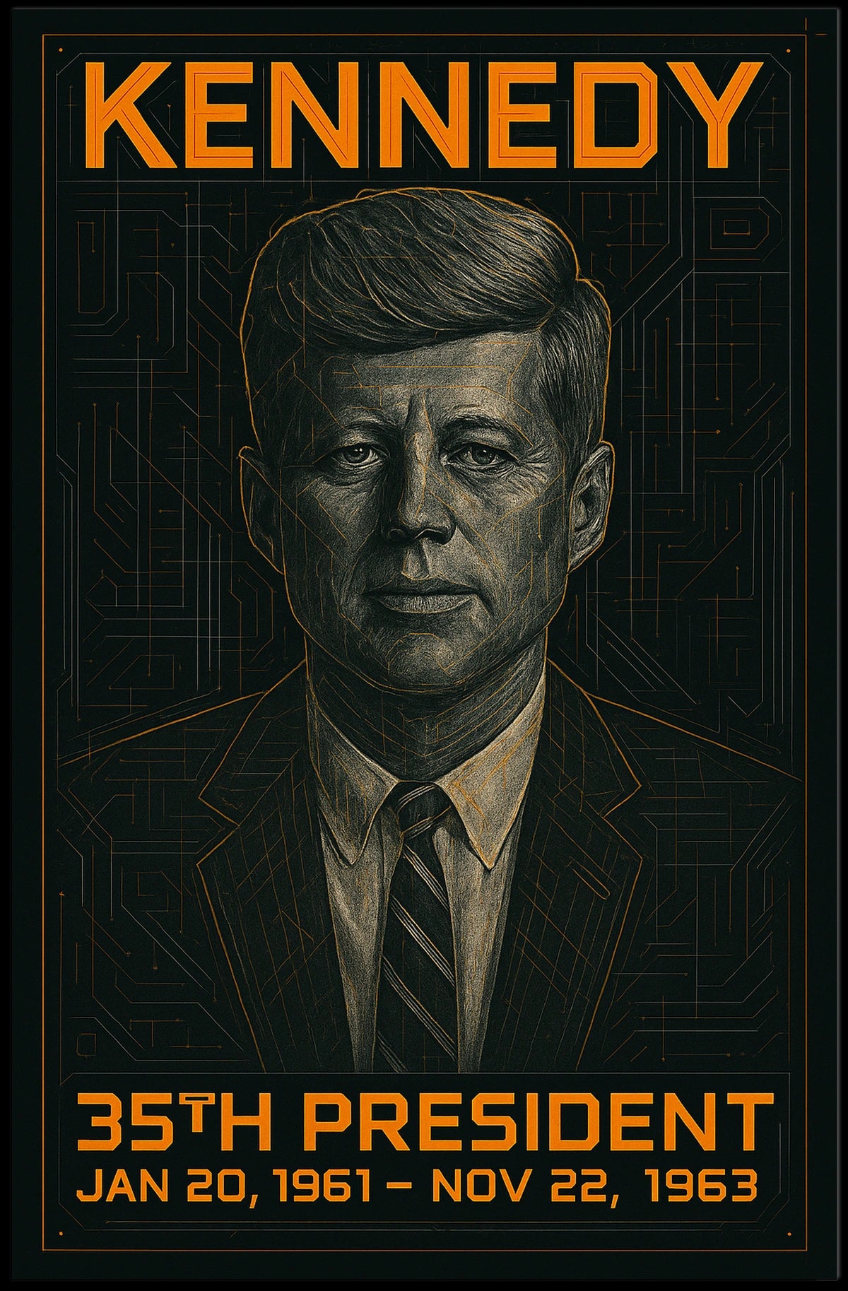 John F. Kennedy 35th President of the United States Techno Schematic Poster