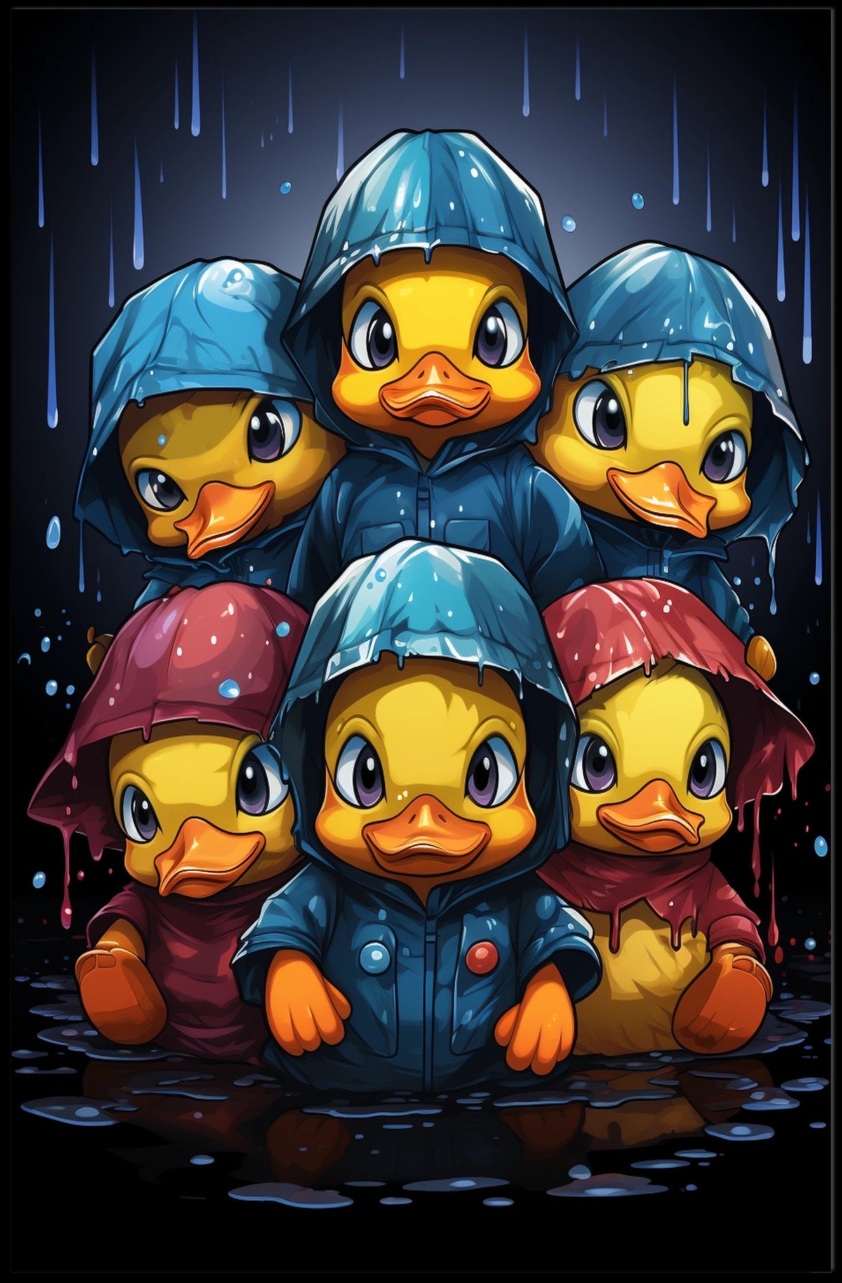 Playful Ducks in Raincoats Whimsical Art Poster
