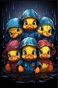 Playful Ducks in Raincoats Whimsical Art Poster