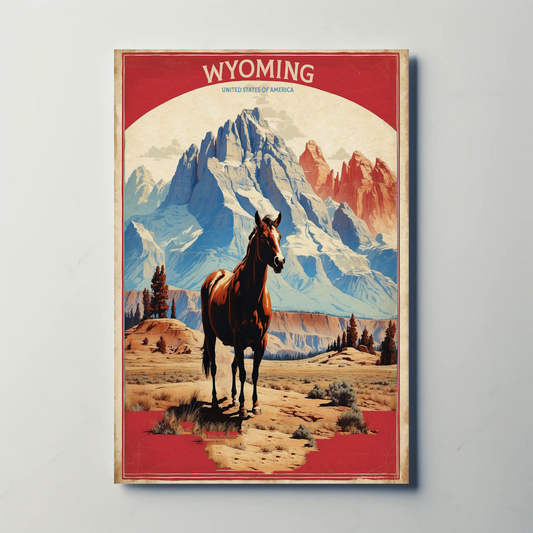 Wyoming Horse Wilderness Mountains Western Vintage Travel Poster
