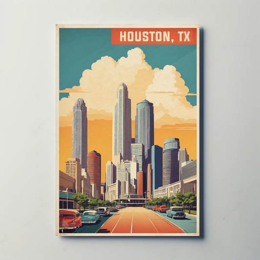 Houston Texas Skyline Classic Cars Sunset Vintage Travel Poster