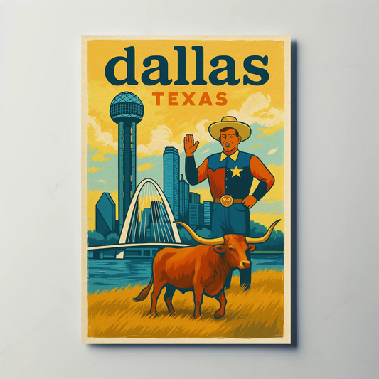 Dallas Cowboy Longhorn Skyline Bridge Sphere Vintage Travel Poster Wall Art