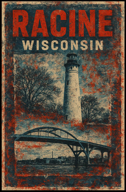 Racine Lighthouse Vintage Travel Mid Century Retro Coastal Scenic Autumn Harbor Light Poster