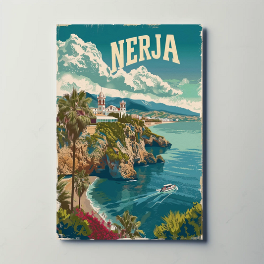 Nerja Cliffside Church and Coast Travel Poster
