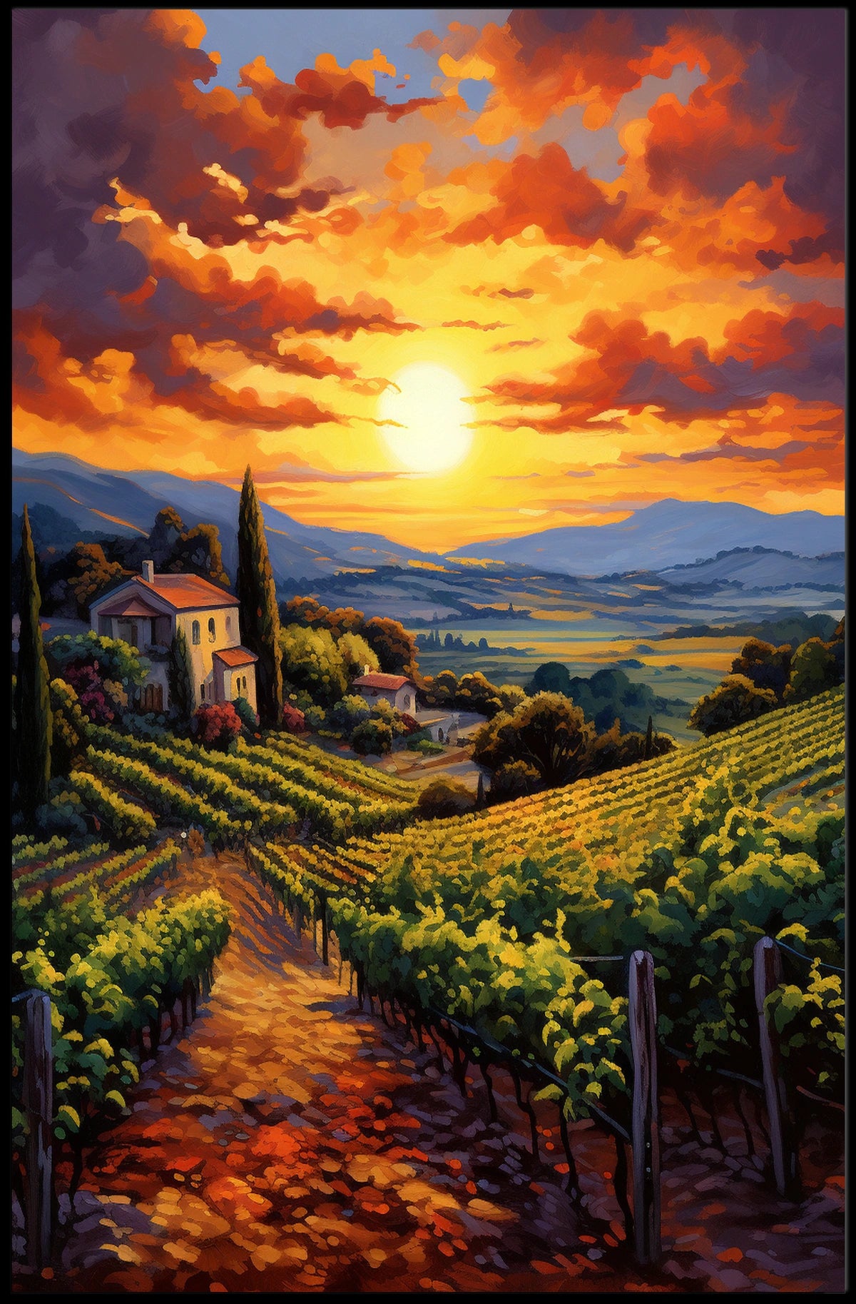 Picturesque Vineyard Landscape With Impressionistic Sunset Artistic Poster