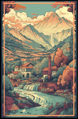 Serene Mountain Village: Tranquil Escape with Cascading River Poster
