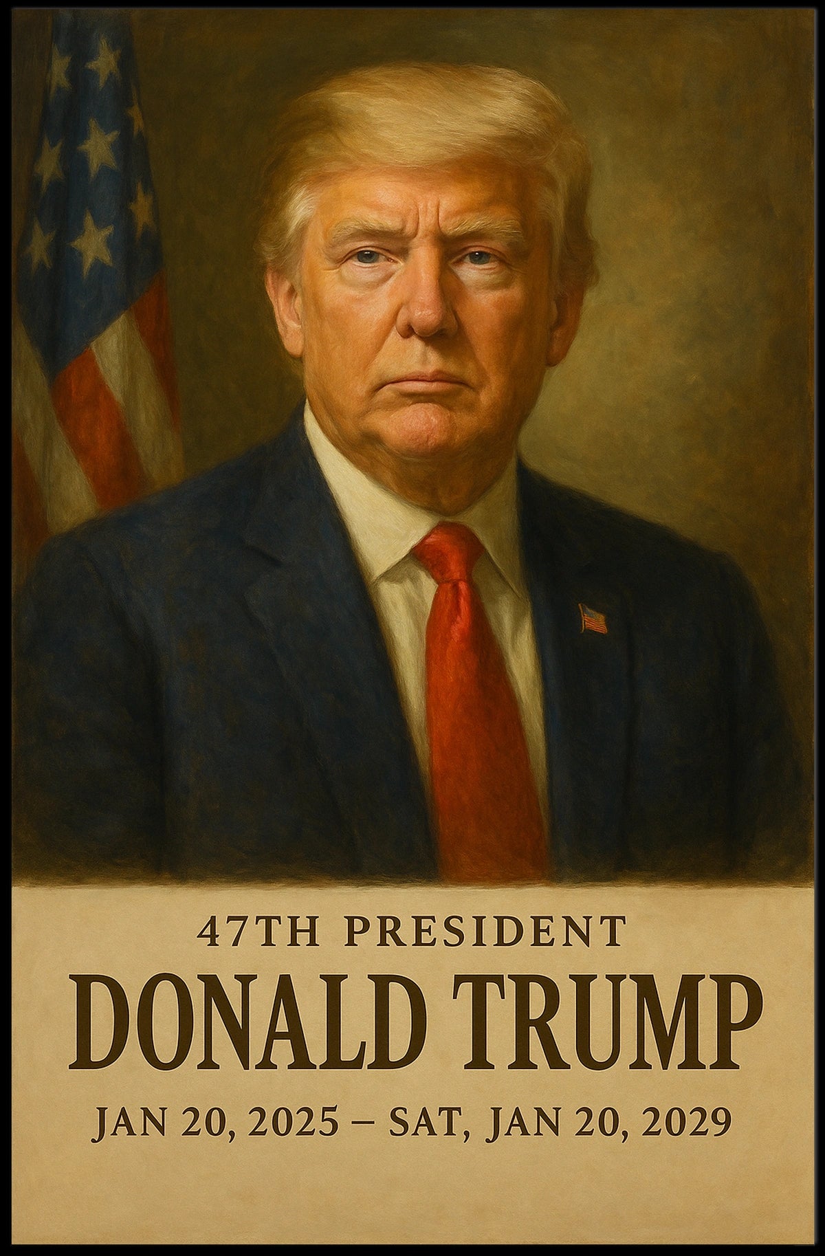 Donald Trump Silent Sentinel Patriotism Cinematic Realism Iconic American Portrait Leadership Legacy Bold Vision Poster