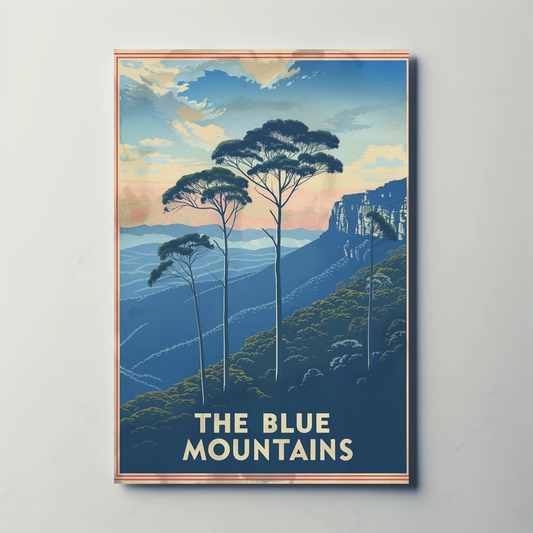 Blue Mountains Vintage Travel Poster - Australia Trees & Sunset