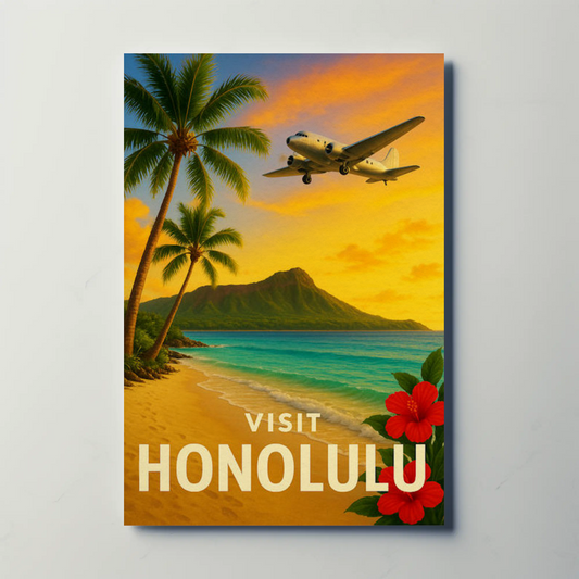 Visit Honolulu Hawaii Vintage Plane Palm Beach Travel Poster