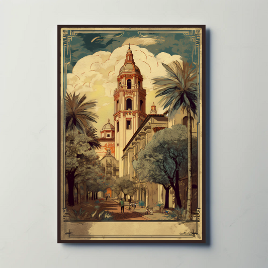 Sunlit Tower Palm Tree Plaza Spain Travel Poster