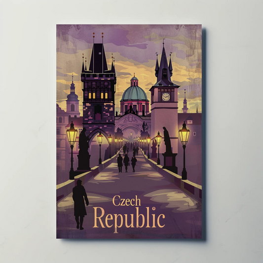 Czech Republic Prague Evening Bridge Vintage Travel Poster