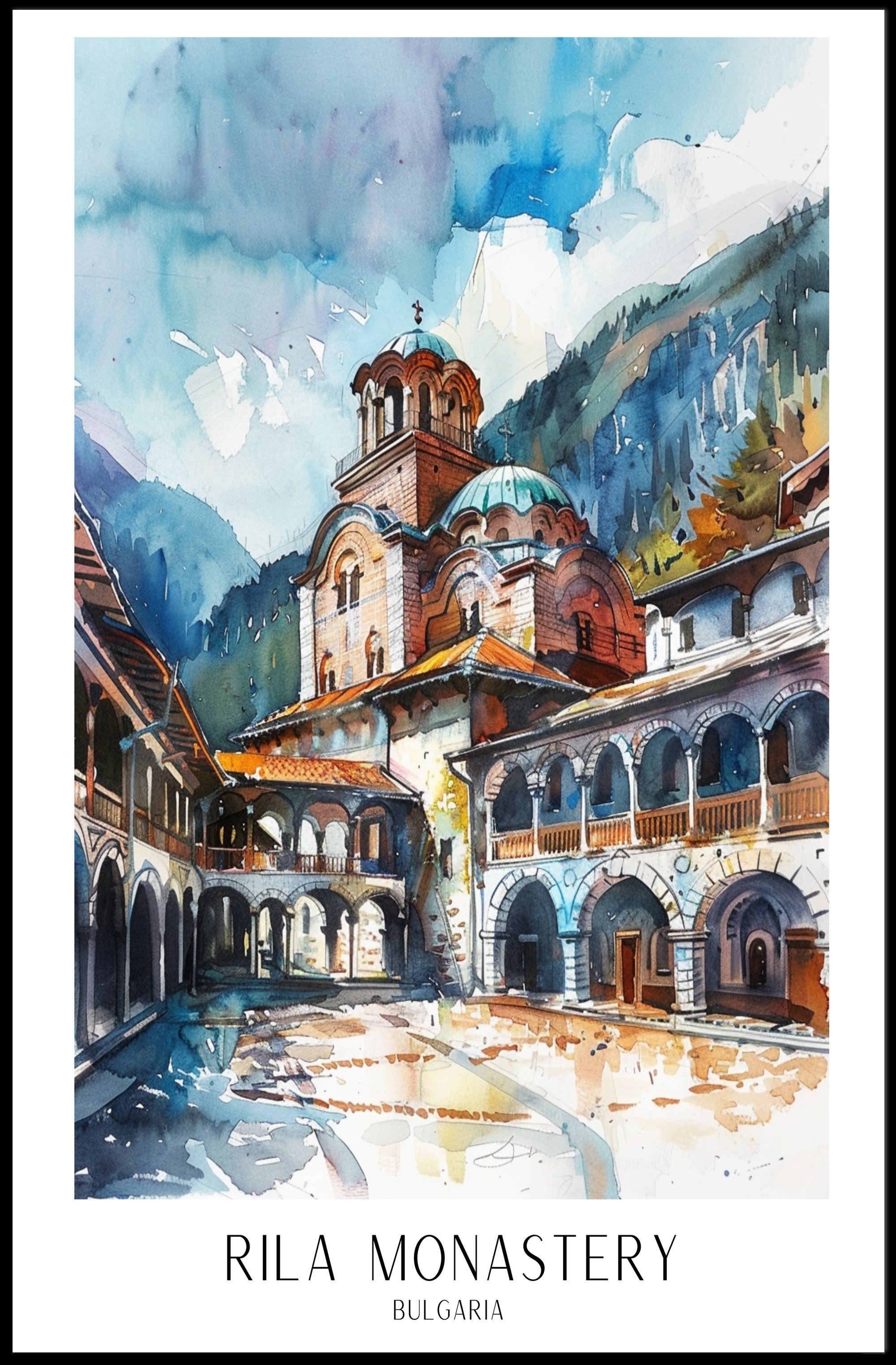 Rila Monastery Watercolor Art: A Cultural Heritage Poster PosterGoat