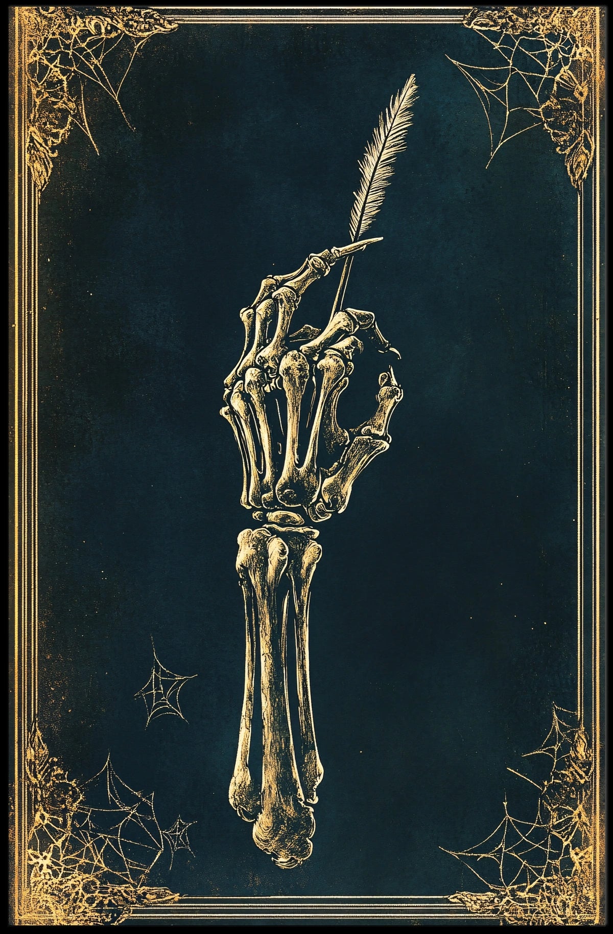 The poster depicts a skeletal hand holding a quill pen, set against a Travel Poster