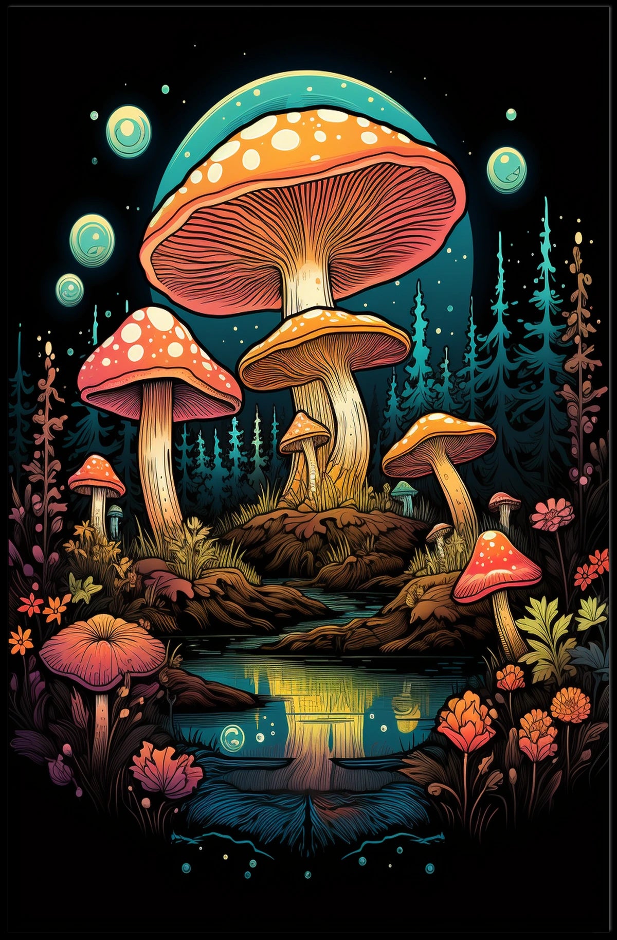 Magical Forest Oversized Mushrooms Abstract, Artistic Poster