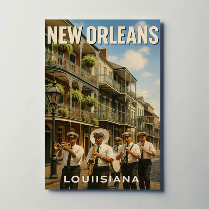 New Orleans Louisiana Jazz Band Balcony Buildings Travel Poster